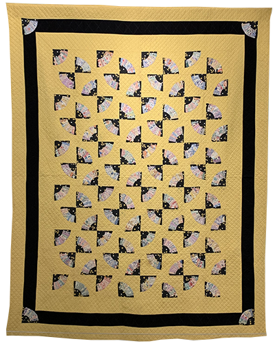 Grandmother’s Fan variation, maker unknown. This unusual black and chrome yellow quilt is part of the Cotton & Thrift exhibit at the Museum of Texas Tech University.