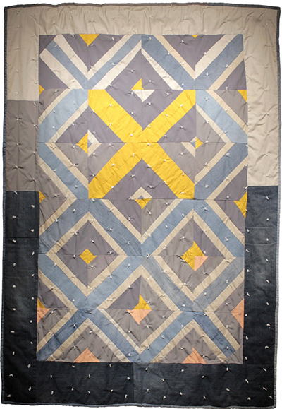 South Abigail Street (Yellow X), The fabrics used in this quilt include patient scrubs from the VA hospital.