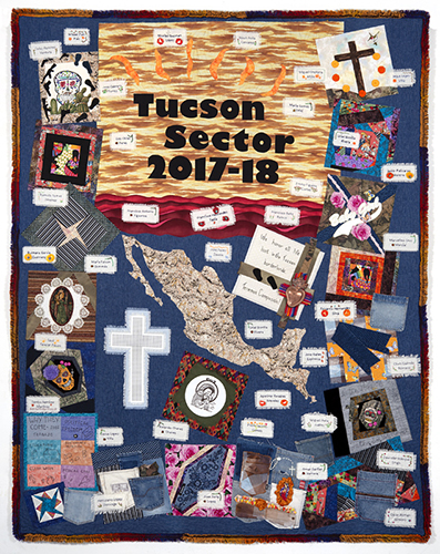 TUCSON SECTOR 2017-2018, 123 deaths, 93″x 74″, made by Becky Aparicio, Judy Breneman, Terry Grzyb-Wysocki, Joyce Harrison, Peggy Hazard, Bea Kabler, Linda Laird, and Shellie Whitman of the Tucson Quilt Documentation Team.