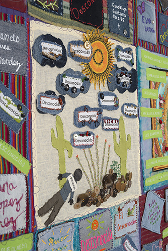 Detail from TUCSON SECTOR DEATHS 2006-2007, 237 deaths, 81.5″x 60″, made by the Tucson Community, Jody Ipsen, Diana Rix, Laurel Wilson, Sharon K Peake, and Rev. Bobbi W. Hargleroad of Tucson, Arizona.