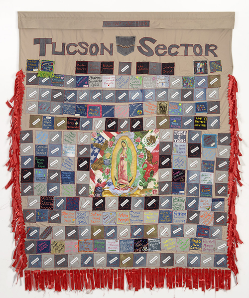 TUCSON SECTOR 2007-2008, 183 deaths, 82″x 64″, made by Nancy Amann and Toni Gorden of Baltimore, Maryland, with Douglas High School students, Douglas, Arizona.