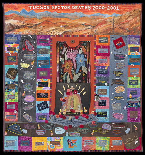 TUCSON SECTOR DEATHS 2000-2001, 136 deaths, 54″x 50″, made by Betty Kersting, with Nelda Bell, Judy Crawford, Lorene Goering, Judi Haines, Liz Hinds, Nancy Dean Kreger, Barbara Medina, Donna Ormerod, and LuAnn Watkins, of Santa Fe, New Mexico.