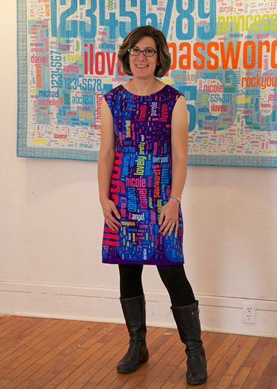 Dr. Lorrie Cranor wearing her password dress. Photo courtesy of Lorrie Cranor.