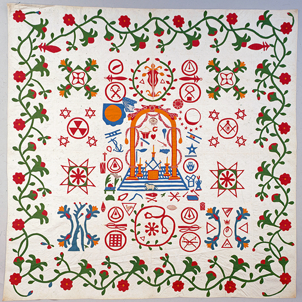 Appliqué Quilt, 1850-1877. Jane D. Haight Webster (1808-1877), South Bend, Indiana. Scottish Rite Masonic Museum & Library, Gift of Donald E. Mohn, 86.69. Photograph by David Bohl.